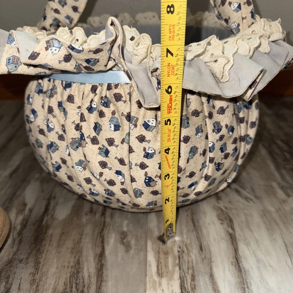 Vintage Quilted Cloth Basket Bucket handmade Birdhouse Fabric 8X7 Stains READ